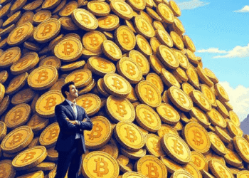 A man in a suit standing with arms crossed atop a massive pyramid of golden Bitcoin coins, set against a backdrop of a clear blue sky with clouds and distant mountains.
