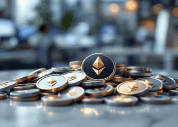 A pile of Ethereum coins, featuring the Ethereum logo, stacked on a glossy table in a modern office setting with blurred computers and plants in the background.