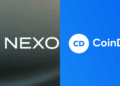 A split background image featuring the Nexo logo with a stylized 'N' on a dark gradient left side, and the CoinDepo logo with a 'CD' circle on a solid blue right side.