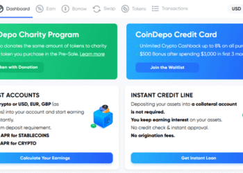 A CoinDepo dashboard interface featuring options for charity programs, token donations, pre-sale, learning resources, credit card purchases, unlimited cashback bonuses, waitlist joining, interest accounts with deposit and withdrawal for crypto (USD, EUR, GBP, stablecoins), APR earnings calculation, instant loans with collateral, account approval, swapping transactions, and borrowing tokens.