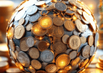 A globe-shaped structure made of various international coins, including some with cryptocurrency symbols like Bitcoin, illuminated with warm golden lights, surrounded by stacks of coins and iconic landmarks like the Statue of Liberty and Eiffel Tower in the background.