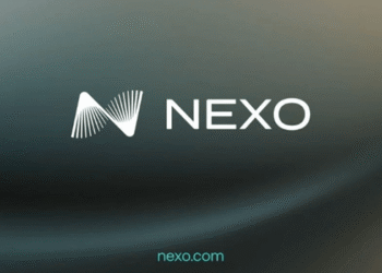 A logo for Nexo featuring a stylized 'N' with a gradient background, and the website 'nexo.com' in teal text at the bottom.