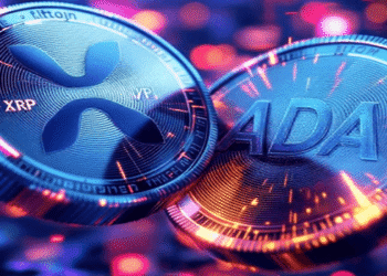 A vibrant digital illustration of two cryptocurrency coins, one labeled XRP with a stylized 'X' logo and the other labeled ADA with its logo, both glowing with neon blue and orange hues against a dynamic background of colorful lights and sparkles.
